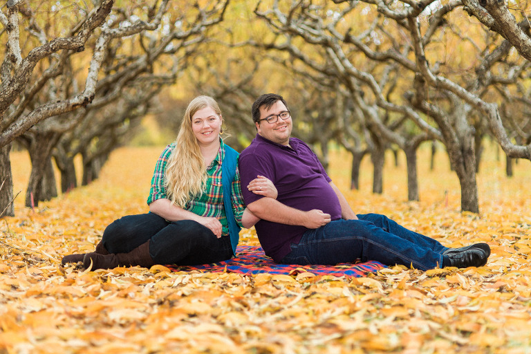 peach tree orchard engagement photos